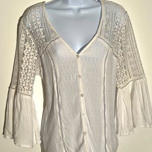 FARYSAYS Lace Crochet V Neck Button Down Bell Sleeve Shirts Casual Loose Blouses